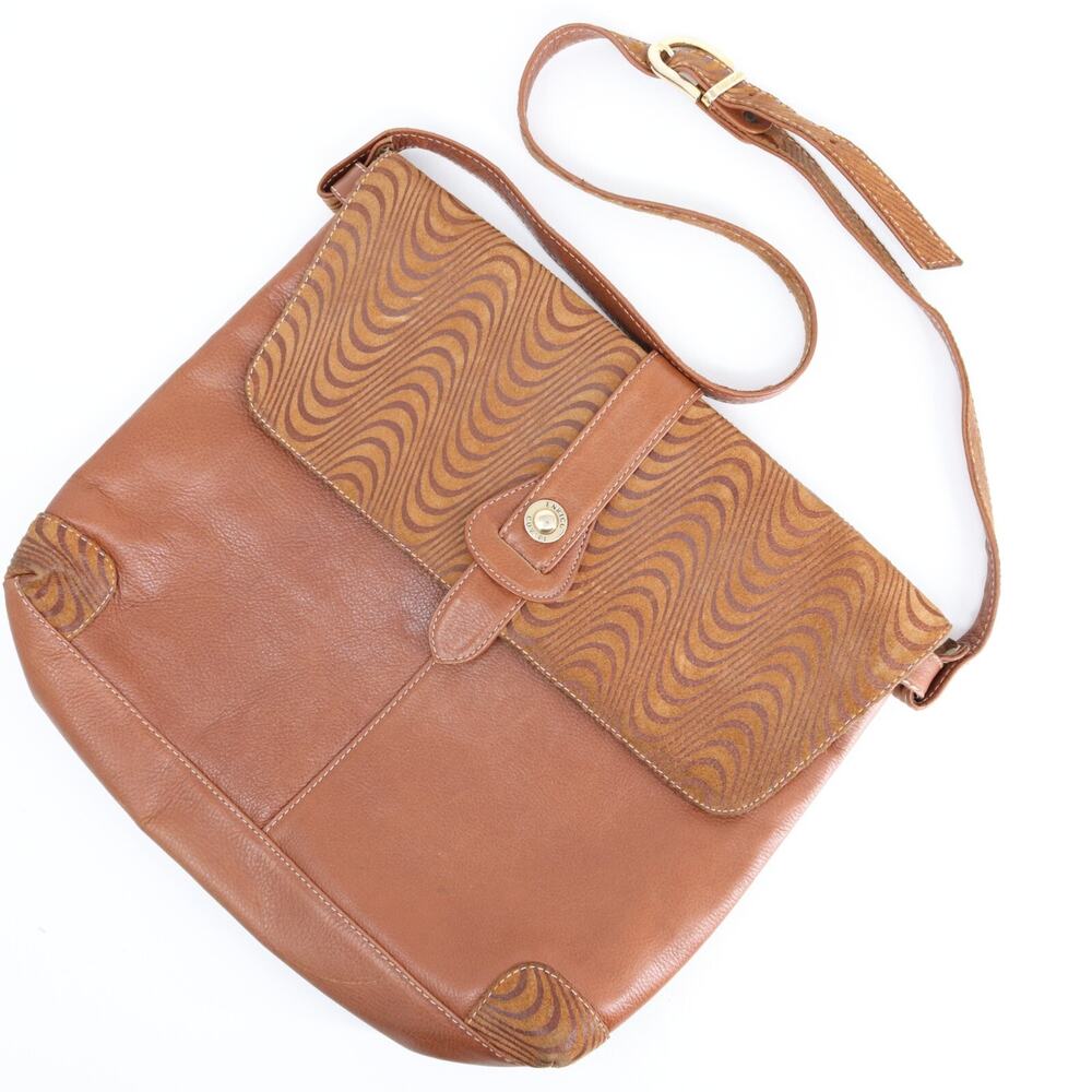 Enrico Coveri Handbag Women Brown Leather Swirl Embossed Flap Purse Shoulder Bag